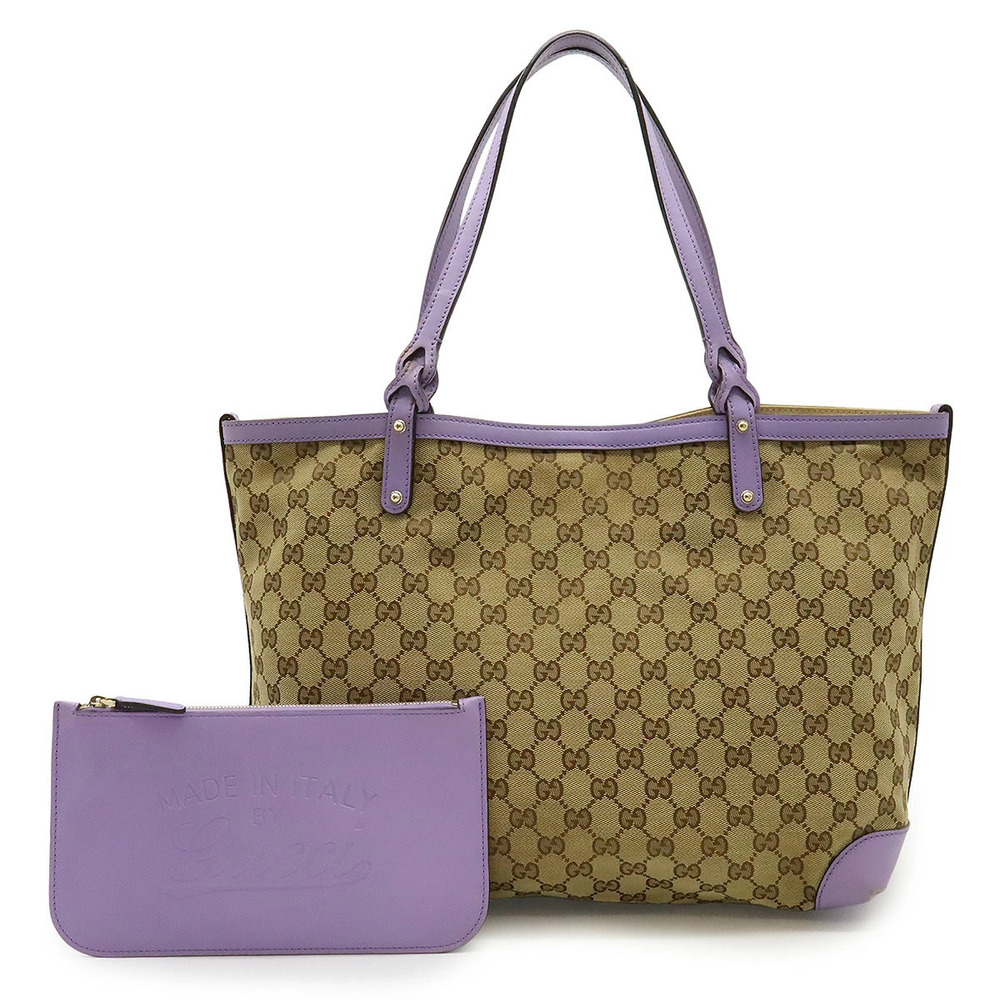 Gucci GG Canvas Tote Bag Shoulder Hobo Leather Beige Brown Cream Purple Pouch